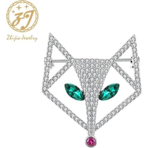 Zhijia fashion creative crystal rhinestone cunning smart fox pins brooches for women party jewelry gifts
