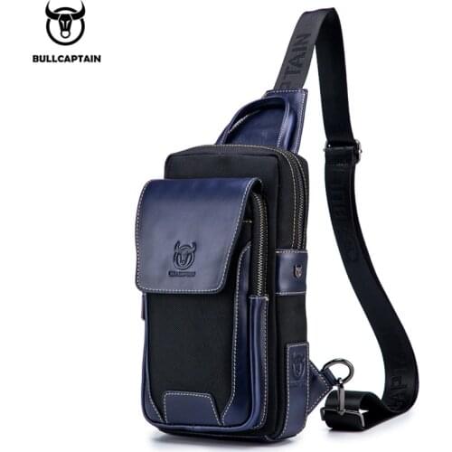 BULLCAPTAIN mens first layer cowhide chest bag leather shoulder casual large-capacity multi-function cross-body chest bag