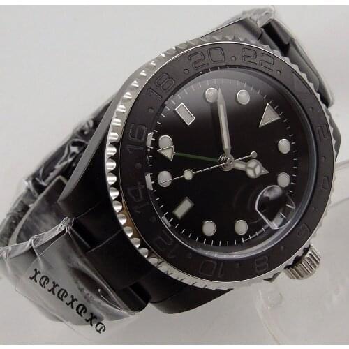 40MM Black Sterile Dial Sapphire Glass PVD Coated Ceramic Bezel Date Glass Case Back GMT Automatic Mens Wristwatch