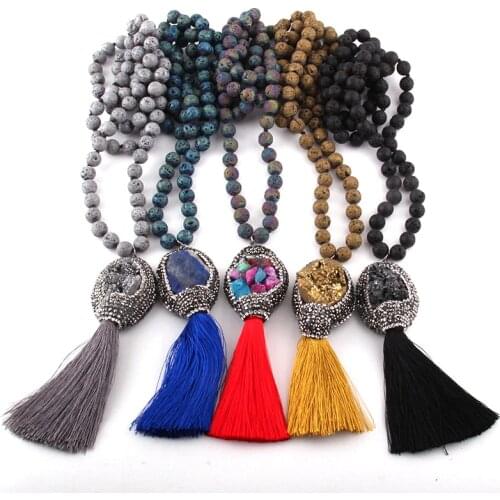 Fashion Bohemian Jewelry Lava Stone Knotted Stone Natural Druzy & Tassel Pendant Necklace For Women Ethnic Necklace