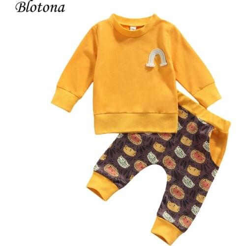 Blotona Baby Girls Boys Spring Fall 2Pcs Set Solid Color Long Sleeve O-Neck Pullover Top Cartoon Print Pants for Kids 0-24Months