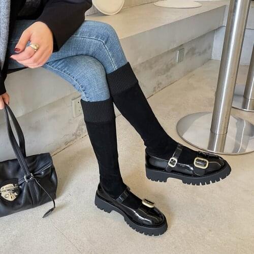 Bottes femme 2021 new winter brand shoes womens motorcycle boots patent leather stretch knit boots female knee high boots mujer