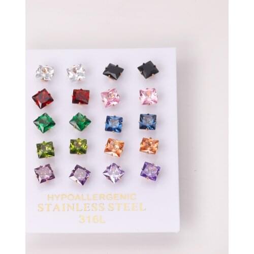 10 Pairs Square Mixed Crystal 6mm Earrings Stainless Steel Ear Studs Gold Silver Color Fashion Jewelry Gift Accessories Womens
