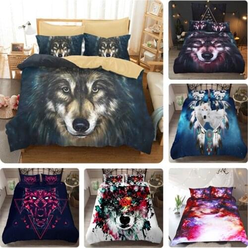 Comfortable Bedding Set Luxury Watercolor Inkjet Wolf 3D Digital Printing 3pc Quilted Duvet Cover with Two Pillowcases