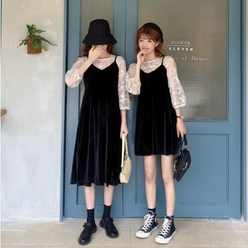 Spring 2021 new velvet all-match design sense black suspender dress