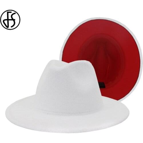 FS 60CM White Red Patchwork Wool Felt Jazz Fedora Hat Women Wide Brim Panama Party Trilby Cowboy Cap Men Gentleman Wedding Hat