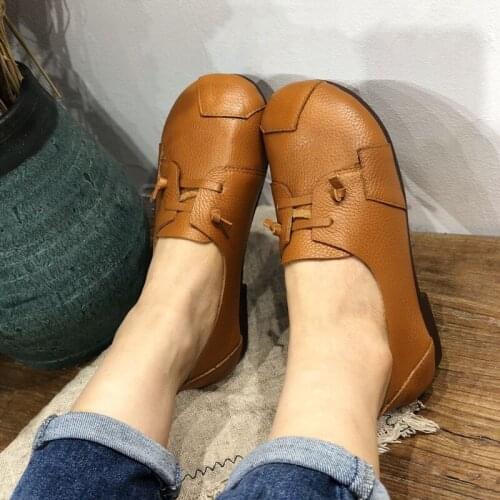 Genuine Leather Shoes Woman Spring Ladies Shoes Lace Up Ballet Flats Flat shoes Round Toe Comfortable soft Retro shoes woman