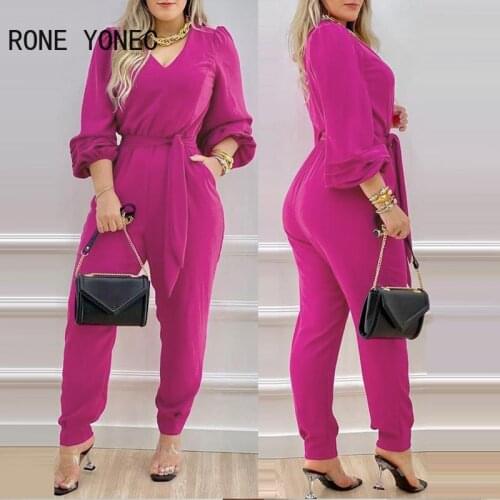 Women Solid Elegant V-neck Lantern Sleeve Sashes Rose red Jumpsuit