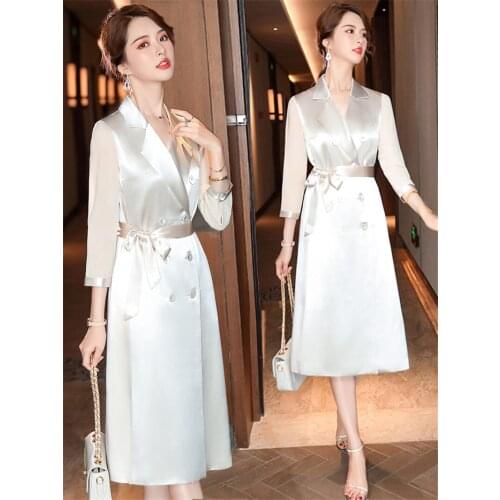 Acetate Satin Temperament Dress For Women 2021 Summer New Double Breasted Bow Lace Up Lady Fashion Windbreaker Dress aq404