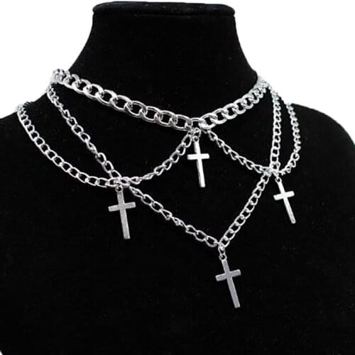Retro Punk Silver Color Multilayer Tassel Chain Choker Short Necklaces Geometric Cross Pendant Necklace Hiphop Jewelry For Women