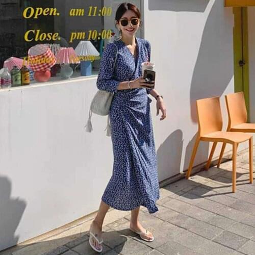 Johnature Summer Korea Floral Print V-neck Dress For Women 2021 Summer Bohemia Vocation Irregular Bandage Loose Dresses