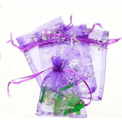 15*20cm 100pcs Purple Silver Butterfly Gift Bags For Jewelry/wedding/christmas Yarn Bag With Handles Packaging Organza Bags