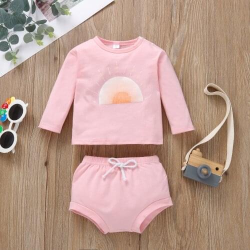 2 Pcs Newborn Baby Girl Clothes Autumn Casual Outfits Sun Print Long Sleeve Round Neck Pullover + Tie-up Solid Color Shorts