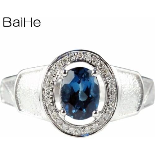 BAIHE Solid 14k White Gold Natural London Blue Topaz SI/H Natural Diamonds Men Ring Engagement Wedding Fine Jewelry Fashion Gift