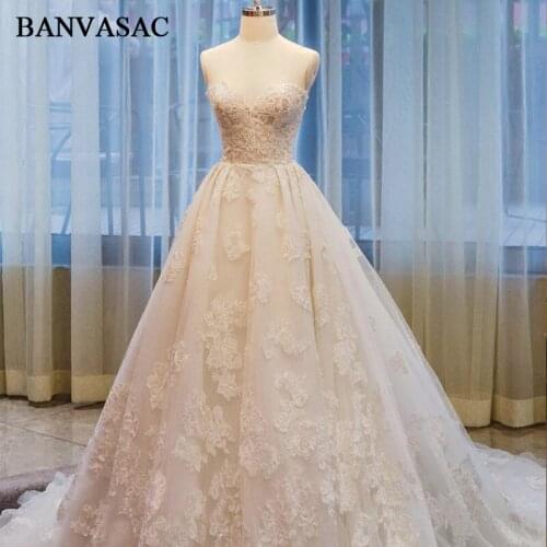 BANVASAC 2018 Ball Gown Strapless Plus Size Wedding Dresses Real Pictures Lace Appliques Custom Made Court Train Bridal Gowns
