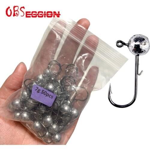 50pcs/bag Hard Metal Lead Head Jig Hook With Barb Fishing Hooks Round Ball Jig Head Hook Long Shank Jig Head For Soft Worm Bait
