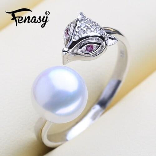 FENASY 925 Sterling Silver Ring New Fashion Fox Natural Freshwater Pearl Rings For Women Cute Animal Pearl Rings
