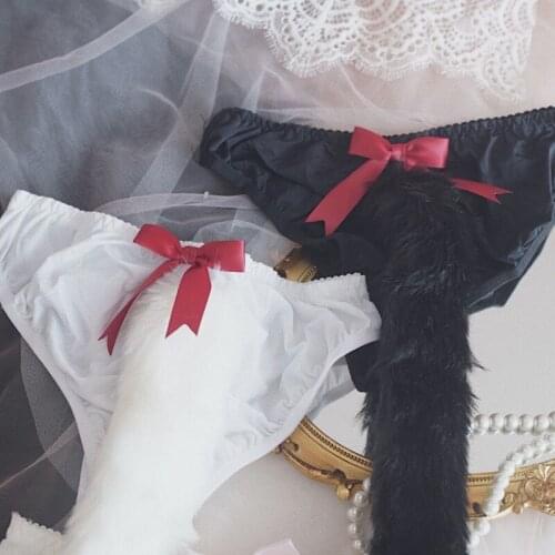 Kawaii Sexy Cute Long Cat Tail T-back Lace Sexy Panties Briefs Detachable Fur Tail Trim Womens Underwear