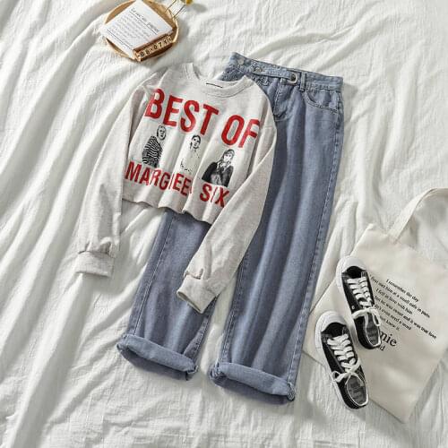 Two-piece suit female Ins 2020autumn new Korean short-length long-sleeved sweater + wide-leg jeans fashion suit