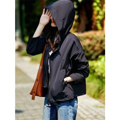 Jacket Women Spring Autumn New Solid Color Hooded Zipper Long-sleeved Coat Loose Temperament Simple Fashion Commuter Cropped Top