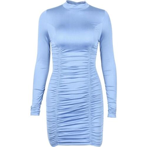 2020 Hot sale fashion Summer womens solid color sexy round neck slim long sleeve dress