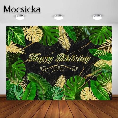 Mocsicka Tropical Leaf Backdrop for Birthday Jungle Green Gold Leaves Palm Party Photocall Photoshoot Photography Background
