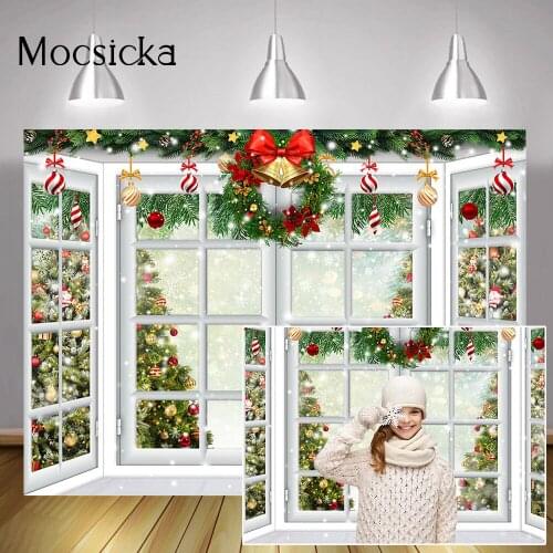 Christmas Window Snow Photography Backdrop Christmas Trees Green Wreath Background Bokeh Snowflake Birthday Portrait Studio Prop