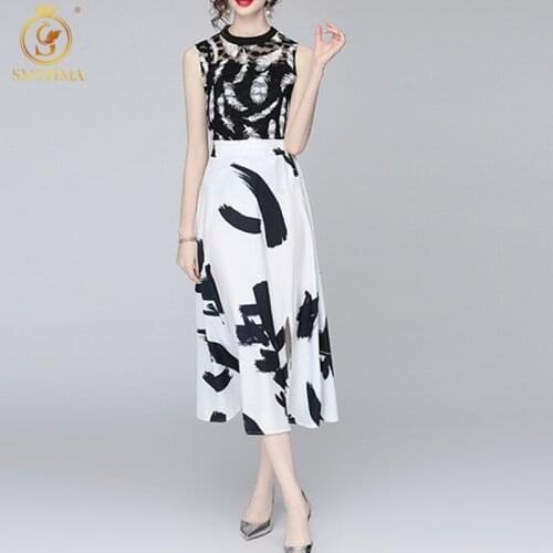 SMTHMA 2021 New Fashion Summer Sleeveless Women Elegant Lace Feather Top + High Waist Ink Print Vintage Two Pieces Skirt Set