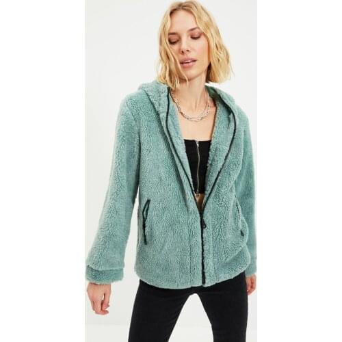 TRENDYOLMİLLA Mint Oversize Hooded Zipper It Should Cover plush COAT, TREND,FASHION, POLYESTER, CASUAL, SPRING