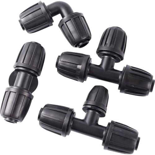 PE Pipe Tee Elbow Straight End Plug Connector Lock Nuts Garden Water Coupling Pipe Hose Lock Coupling Agricultural Irrigation