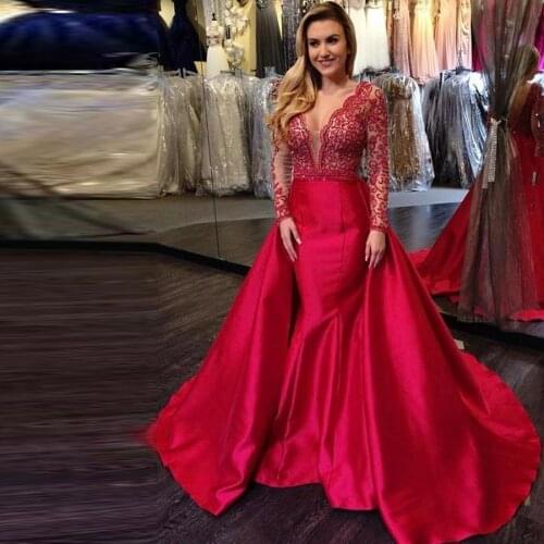 V-neck Long Sleeves Mermaid Long Prom Dresses Red Long Sleeve Beading Evening Dresses with Skirt Red Satin Ball Gowns