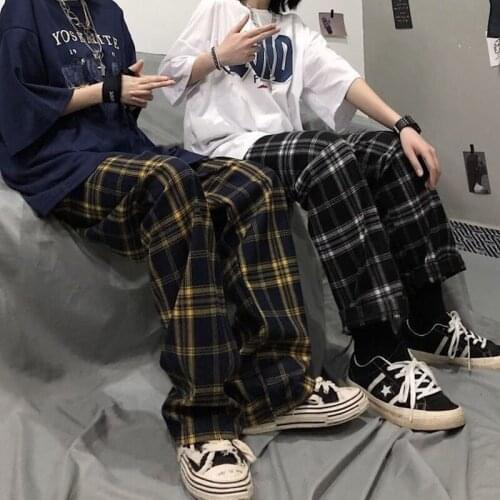 HOUZHOU Vintage Casual Plaid Pants Elastic Waist Wide Leg Trousers Women Harajuku Korean Fashion Loose Autumn Straight All-match