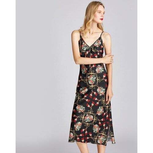 Summer Sexy Nightdress Satin Silk Nightdress Black Medium-Length Nightwear V-Neck Sleeveless Nightgown Floral Women Sleepwear