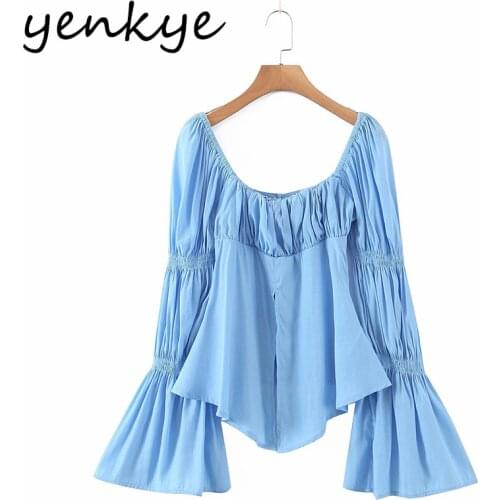 YENKYE Fashion Women New Design Solid Summer Blouse Female Sexy Square Neck Flare Sleeve Holiday Tops Casual Blusas