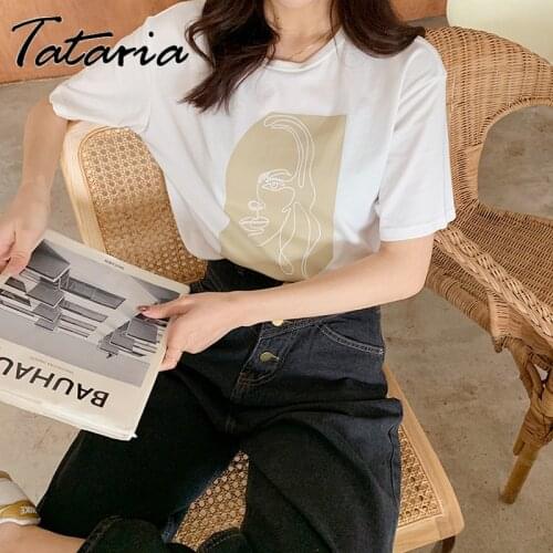 Abstract Human Face Printed Women T-shirt Summer Fashion Short Sleeve Women Tops Casual Styles White Tees Round-neck Top Female