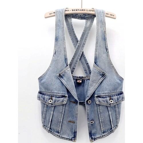 Korean Fashion Denim Vest Women Big Pocket Waistcoat Vintage Wash Blue Sleeveless Jacket Big size Slim Short Jeans Vests Female