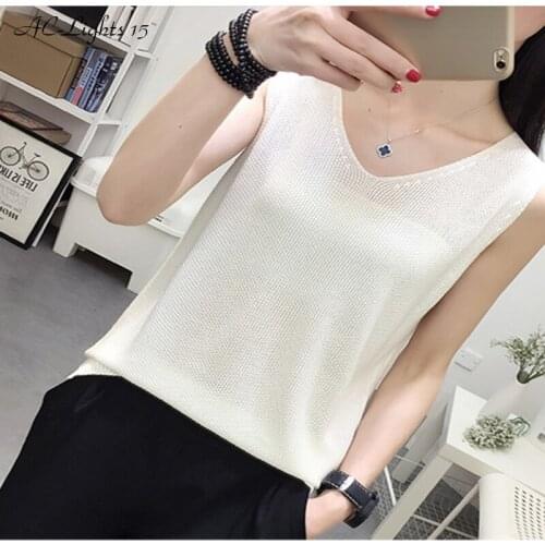 Knitted Crop Top 2020 Womens Summer Tops White Tank Top Candy Color Top Sleeveless Sexy V Neck T-shirt Vest Casual Camis