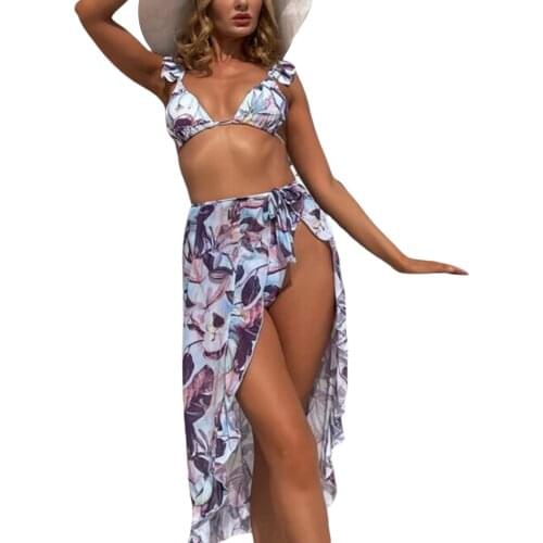 Women Three-piece Bikini with Floral Print Ruffle Decoration Sexy V-neck Summer Clothing