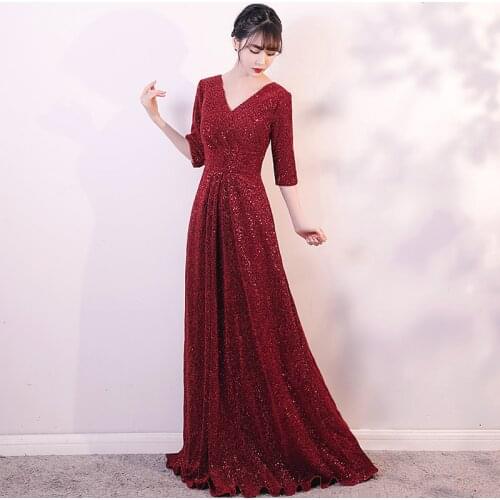 Burgundy Elegant Simple Evening Dress Zipper Back Half Sleeves A-Line V-Neck Empire Floor-Length Woman Formal Party Gowns A1309