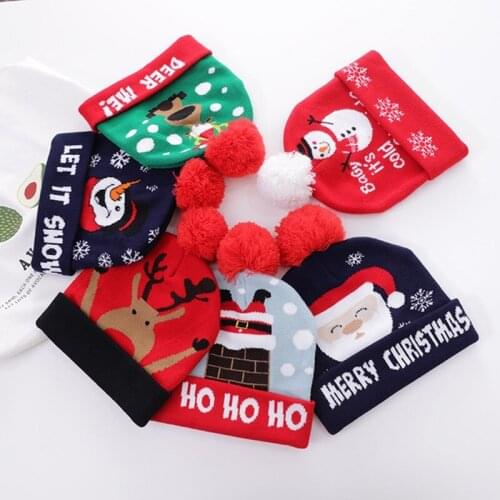 2020 Cartoon Christmas Knitted Hat Kids & Adult Skullies Beanies Plush Ball Woolen Warm Winter Hat Women Children Hats and Caps