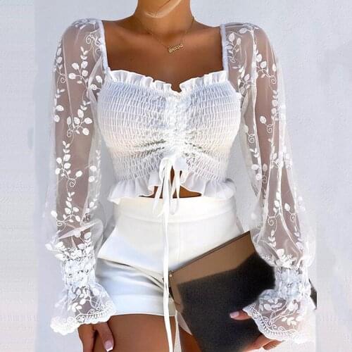 Sexy Square Neck Women Transparent Sleeve Blouse Elegant Office Lady Rope Pleated Pullover Top Autumn Female Short Blouse Blusa