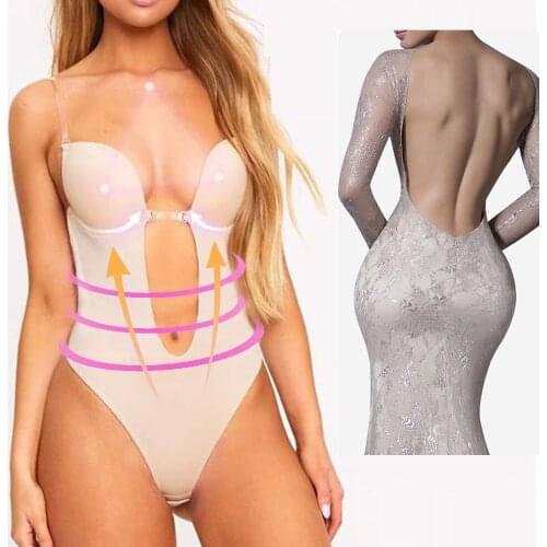 Deep V Womens Backless Bodysuit Shaper Bra Seamless U Plunge Cup Invisible Push Up Bra Convertible Body Shaper for wedding
