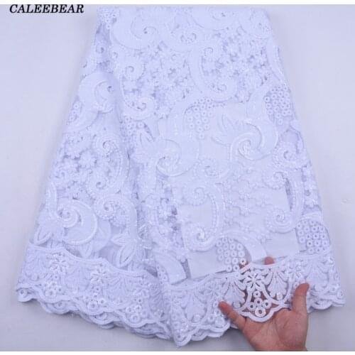 Pure White African Net Lace Fabric 2021 High Quality Nigerian Wedding Lace Fabrics With Sequins 5Yards French Tulle Lace S2138