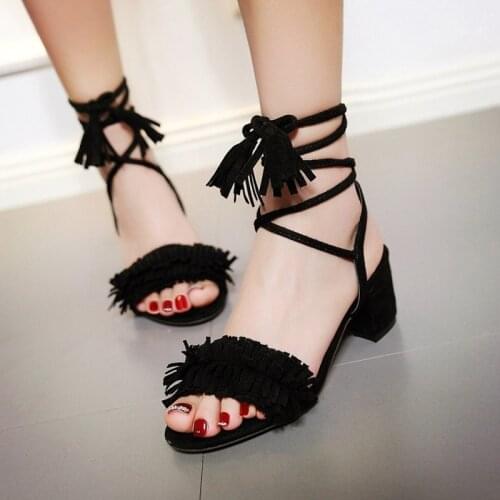 COOLULU Design Shoes Women Sandals Summer Tassel Chunk Heels Sandals Heels Cross Strap Ladies Sandals Gladiator Shoes Gray 42 43