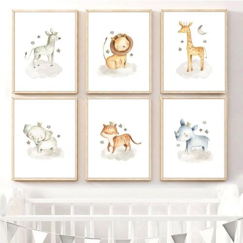 Cartoon Animals Nursery Wall Art Canvas Painting Poster Lion Elephant Giraffe Hippo Print Wall Pictures Baby Room Decor TB164