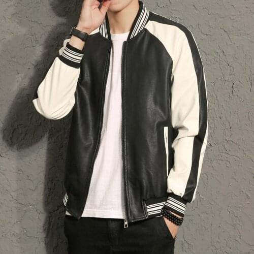 M-5xl Spring And Autumn Splice Color Leather Jacket Men Large Size Baseball Uniform Handsome Motorcycle Pu Leather Jackets Coat