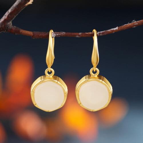 Natural Hetian white jade Round Earrings Chinese style retro palace style unique gold craft exquisite women silver jewelry
