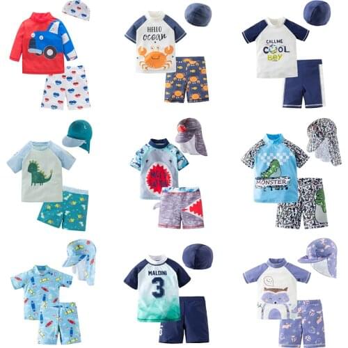 Swimsuit Kids 3 Pieces Rashguard Swimming Trunks with Hat for Boys UV Protection Baby Boy Swimwear Beach Pool Bathing Suit Child
