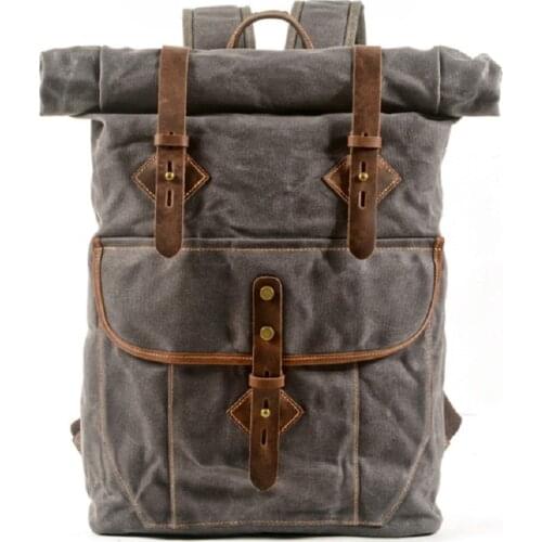 M434 New Mens American Style Retro Roll Top Backpack Oil Wax Canvas With Cowhide Backpack Large Capacity Outdoor Hiking Bag