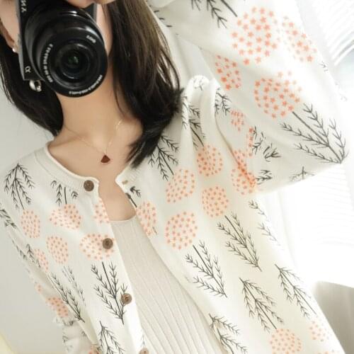 MERRILAMB 2021 Spring Printed Style Cotton Sweater Womens Casual Knit Sweater Cardigan Female Loose Round Neck Plus Size Jacket